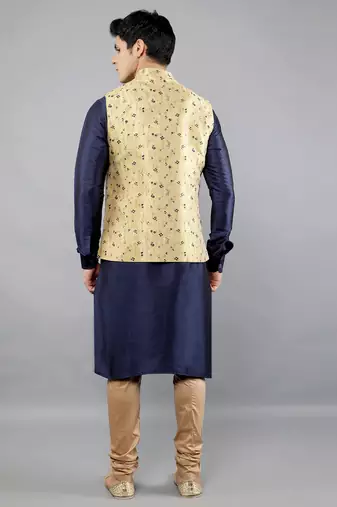 Jacquard Kurta Sets With Nehru Jacket - Navy Blue