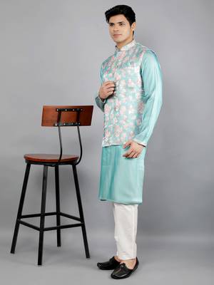 Festival Kurta Sets With Nehru Jacket - Turquoise Blue 1