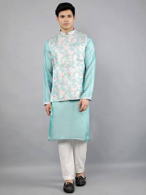 Festival Kurta Sets With Nehru Jacket - Turquoise Blue 2