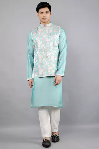 Festival Kurta Sets With Nehru Jacket - Turquoise Blue