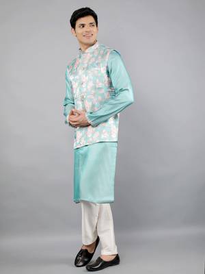 Festival Kurta Sets With Nehru Jacket - Turquoise Blue 3