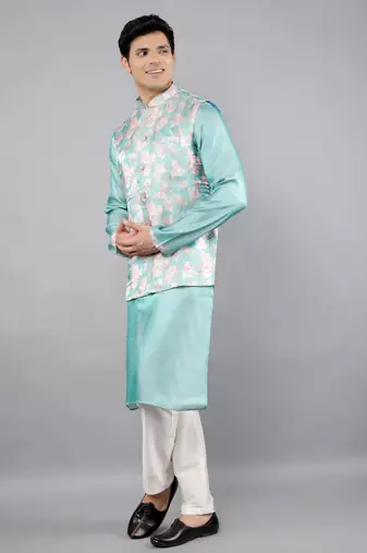 Festival Kurta Sets With Nehru Jacket - Turquoise Blue