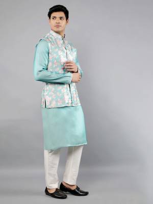Festival Kurta Sets With Nehru Jacket - Turquoise Blue 4