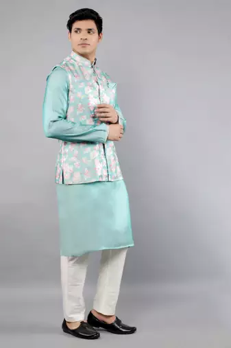 Festival Kurta Sets With Nehru Jacket - Turquoise Blue