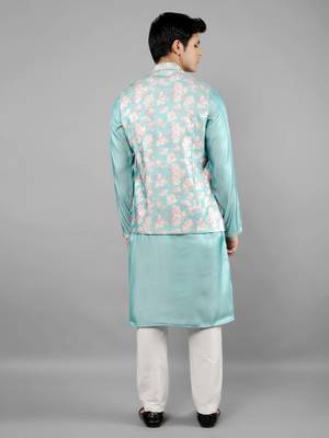 Festival Kurta Sets With Nehru Jacket - Turquoise Blue 5