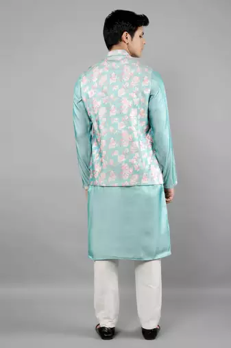Festival Kurta Sets With Nehru Jacket - Turquoise Blue