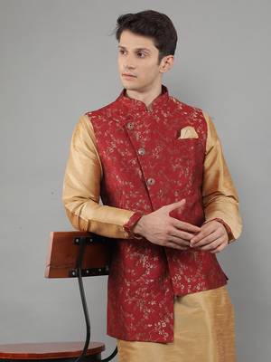 Jacquard Kurta Sets With Nehru Jacket - Beige 1
