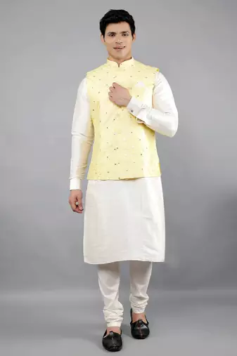 Festival Kurta Sets With Nehru Jacket - Cream
