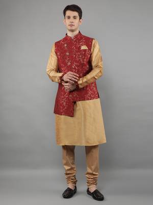 Jacquard Kurta Sets With Nehru Jacket - Beige 2