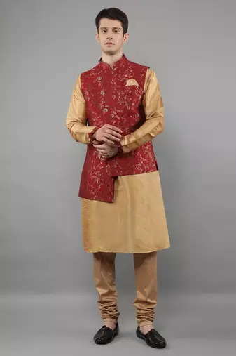 Jacquard Kurta Sets With Nehru Jacket - Beige