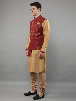 Jacquard Kurta Sets With Nehru Jacket - Beige 3