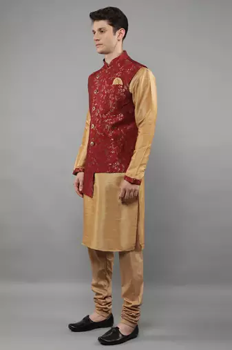 Jacquard Kurta Sets With Nehru Jacket - Beige
