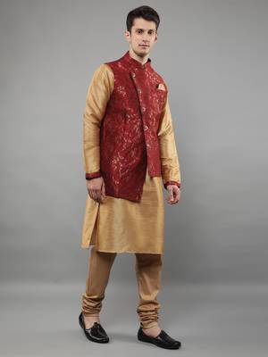 Jacquard Kurta Sets With Nehru Jacket - Beige 4