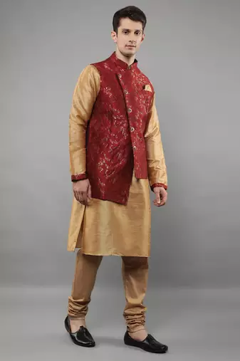 Jacquard Kurta Sets With Nehru Jacket - Beige