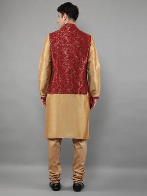 Jacquard Kurta Sets With Nehru Jacket - Beige 5