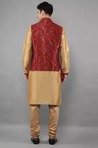 Jacquard Kurta Sets With Nehru Jacket - Beige
