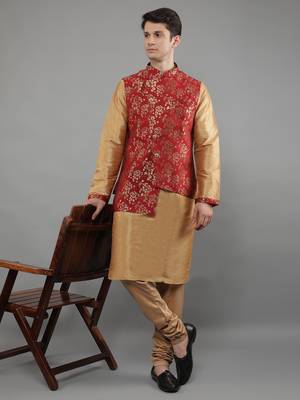 Jacquard Kurta Sets With Nehru Jacket - Beige 1