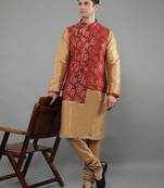 Jacquard Kurta Sets With Nehru Jacket - Beige