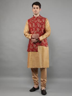 Jacquard Kurta Sets With Nehru Jacket - Beige 2