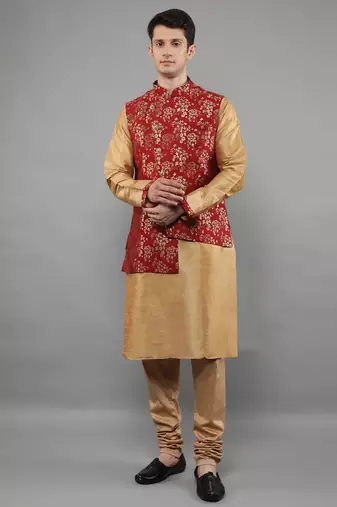 Jacquard Kurta Sets With Nehru Jacket - Beige