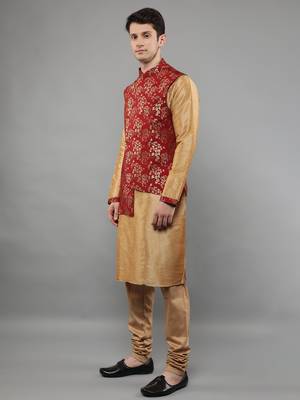 Jacquard Kurta Sets With Nehru Jacket - Beige 3