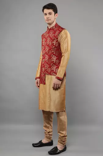 Jacquard Kurta Sets With Nehru Jacket - Beige