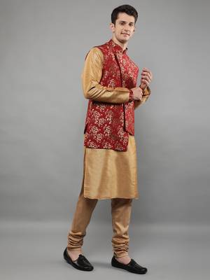 Jacquard Kurta Sets With Nehru Jacket - Beige 4
