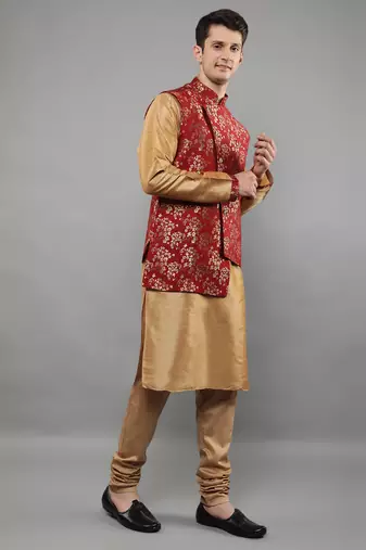 Jacquard Kurta Sets With Nehru Jacket - Beige