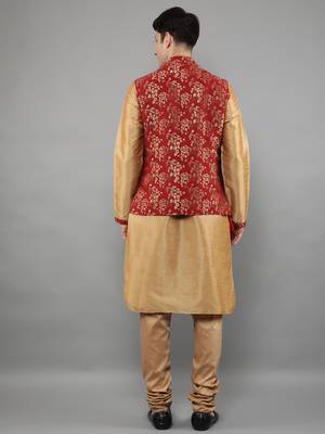 Jacquard Kurta Sets With Nehru Jacket - Beige 5
