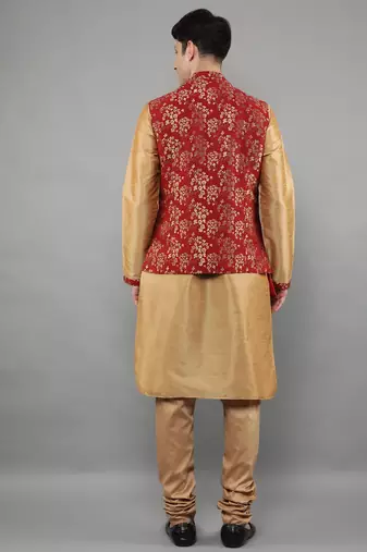Jacquard Kurta Sets With Nehru Jacket - Beige
