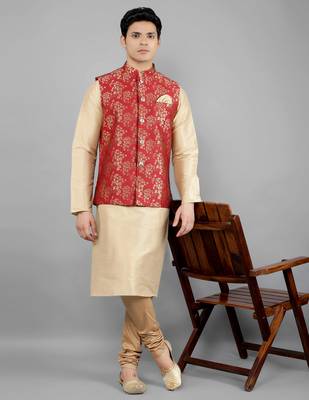 Jacquard Kurta Sets With Nehru Jacket - Beige 1