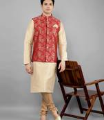 Jacquard Kurta Sets With Nehru Jacket - Beige