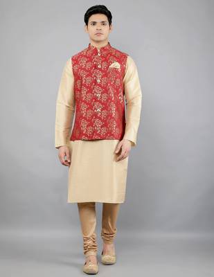 Jacquard Kurta Sets With Nehru Jacket - Beige 2