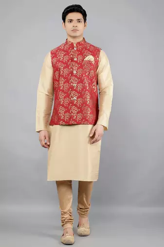 Jacquard Kurta Sets With Nehru Jacket - Beige