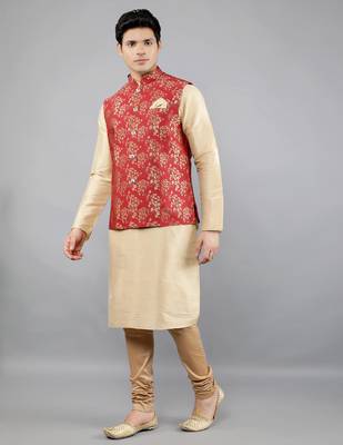 Jacquard Kurta Sets With Nehru Jacket - Beige 3