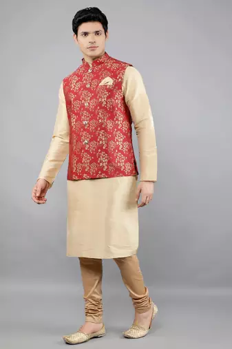 Jacquard Kurta Sets With Nehru Jacket - Beige