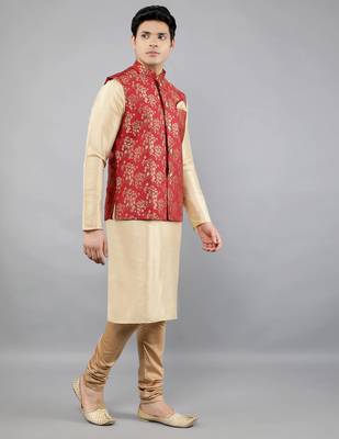 Jacquard Kurta Sets With Nehru Jacket - Beige 4