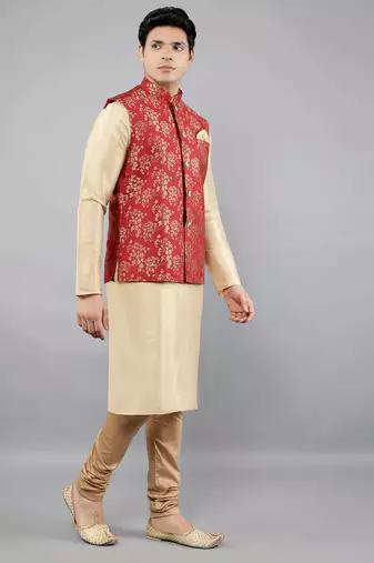 Jacquard Kurta Sets With Nehru Jacket - Beige