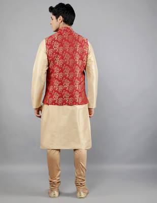 Jacquard Kurta Sets With Nehru Jacket - Beige 5