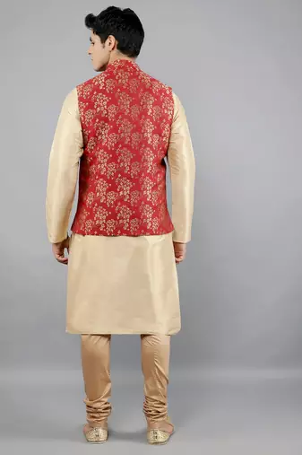 Jacquard Kurta Sets With Nehru Jacket - Beige