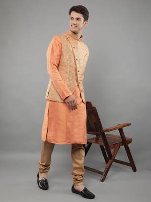 Jacquard Kurta Sets With Nehru Jacket - Peach 1