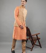 Jacquard Kurta Sets With Nehru Jacket - Peach