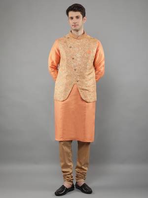 Jacquard Kurta Sets With Nehru Jacket - Peach 2