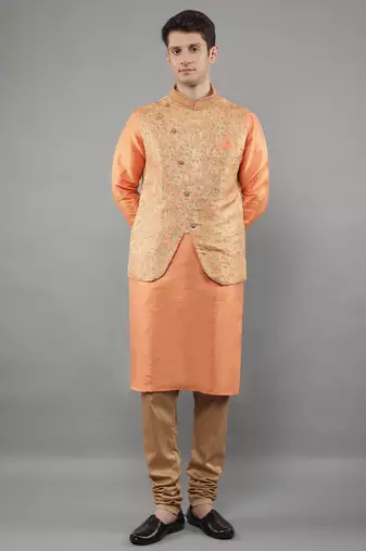 Jacquard Kurta Sets With Nehru Jacket - Peach