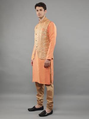 Jacquard Kurta Sets With Nehru Jacket - Peach 3