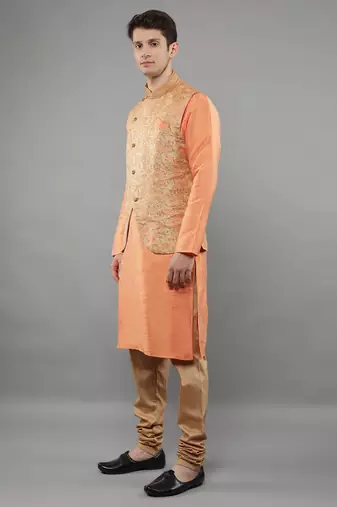 Jacquard Kurta Sets With Nehru Jacket - Peach