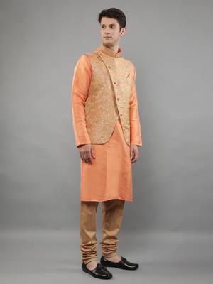 Jacquard Kurta Sets With Nehru Jacket - Peach 4