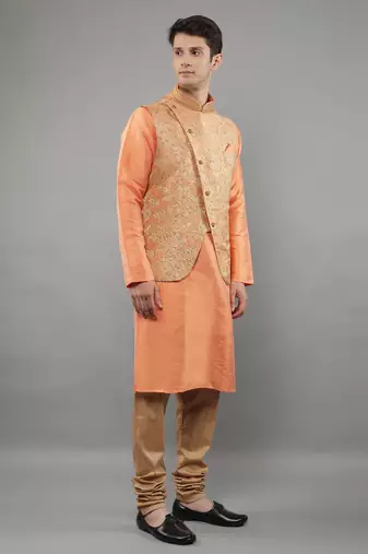 Jacquard Kurta Sets With Nehru Jacket - Peach