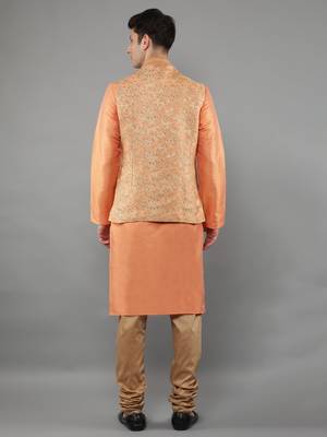 Jacquard Kurta Sets With Nehru Jacket - Peach 5