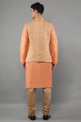 Jacquard Kurta Sets With Nehru Jacket - Peach